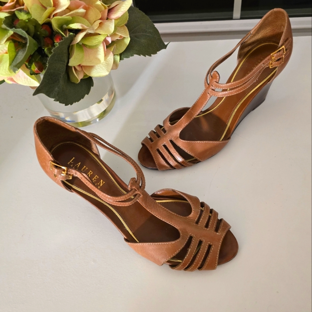 Ralph Lauren Tan Strappy Wedge Sandals 7